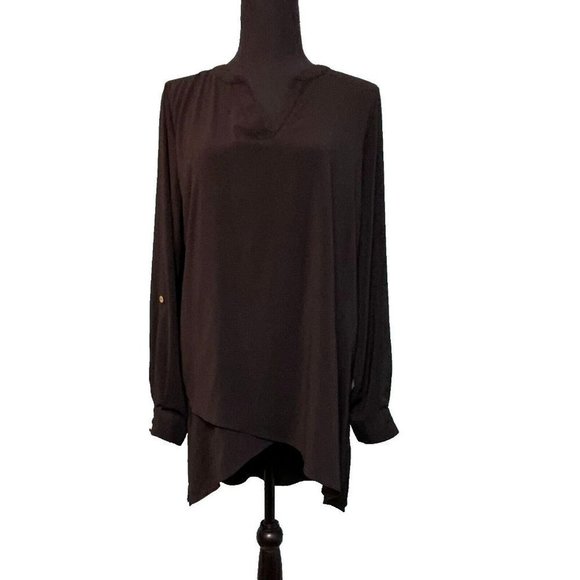 Susan Graver Black Long Sleeve Tunic Blouse Size 6 Roll Tab Sleeves‎ V Neck - Picture 1 of 6